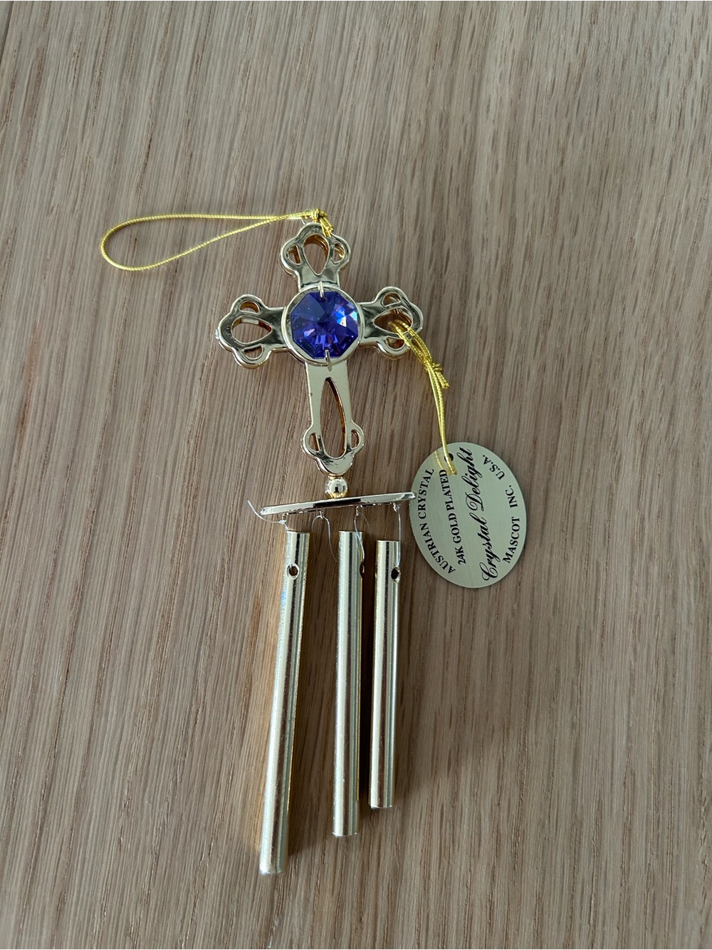 24k Gold Plated Blue Crystal Cross Wind Chime- by Mascot Inc